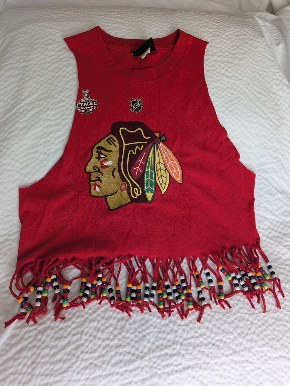 EUC Chicago Blackhawks Jonathan Toews Beaded Fringe Cut Off Tank Top Youth XL